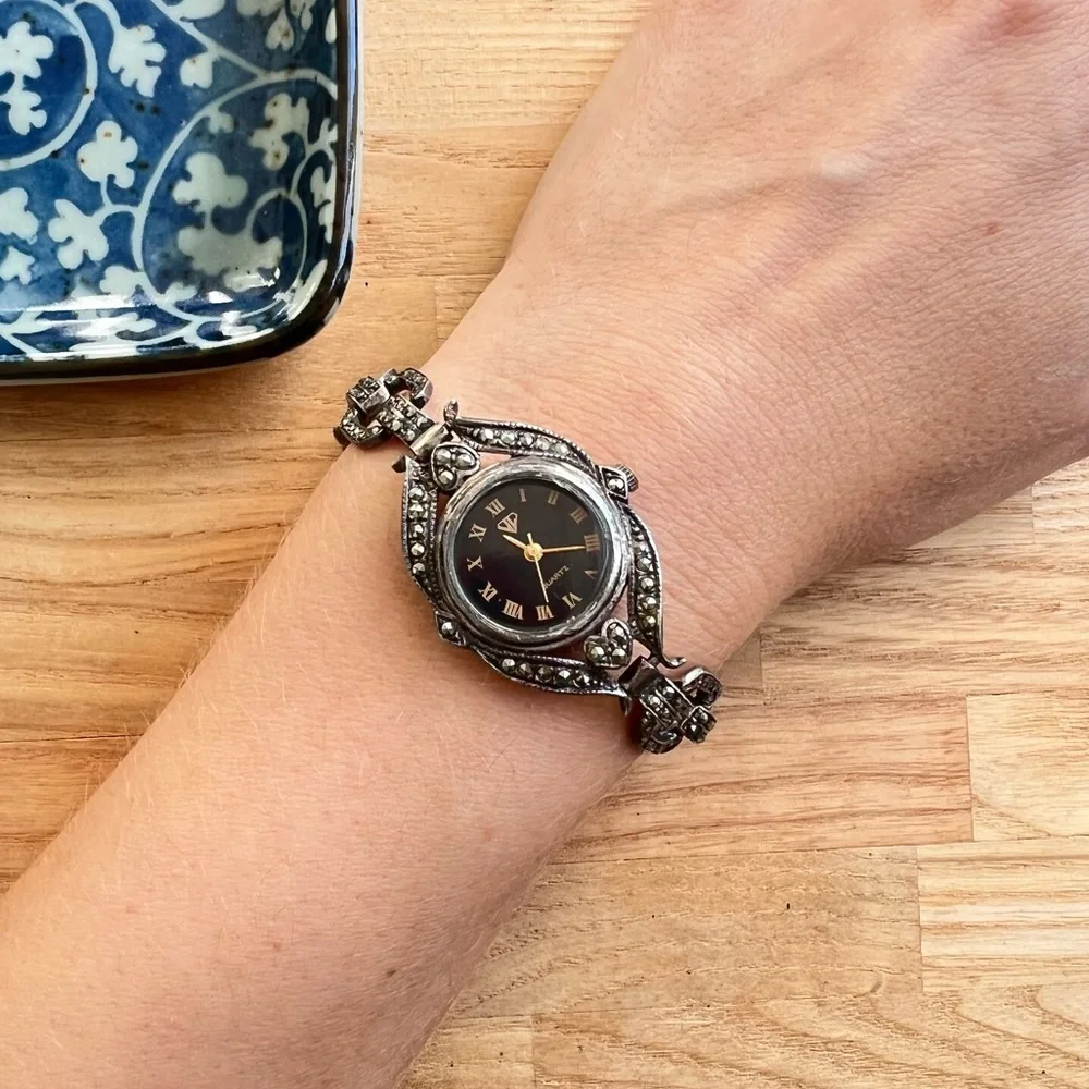 Vintage Sterling silver marcasite Art Deco ladies cocktail watch NEW BATTERY